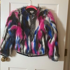 Blue, White, and Pink Faux Fur Jacket